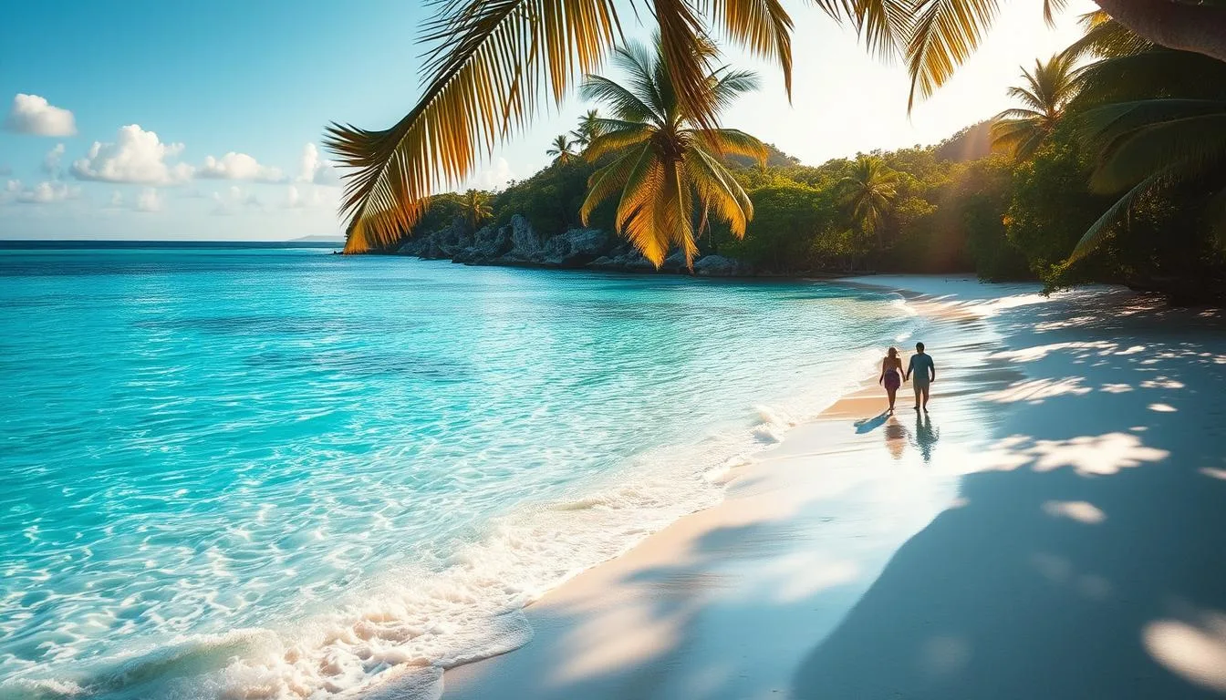 A breathtaking Seychelles honeymoon beach with crystalline turquoise waters lapping gently against the pristine white sand. Lush palm trees sway overhead, casting dancing shadows across the secluded cove. Warm, golden hour sunlight bathes the scene in a romantic glow, creating a serene and intimate atmosphere. A lone couple strolls hand-in-hand along the shoreline, taking in the tranquil beauty of this untouched paradise. The Traveler Online
