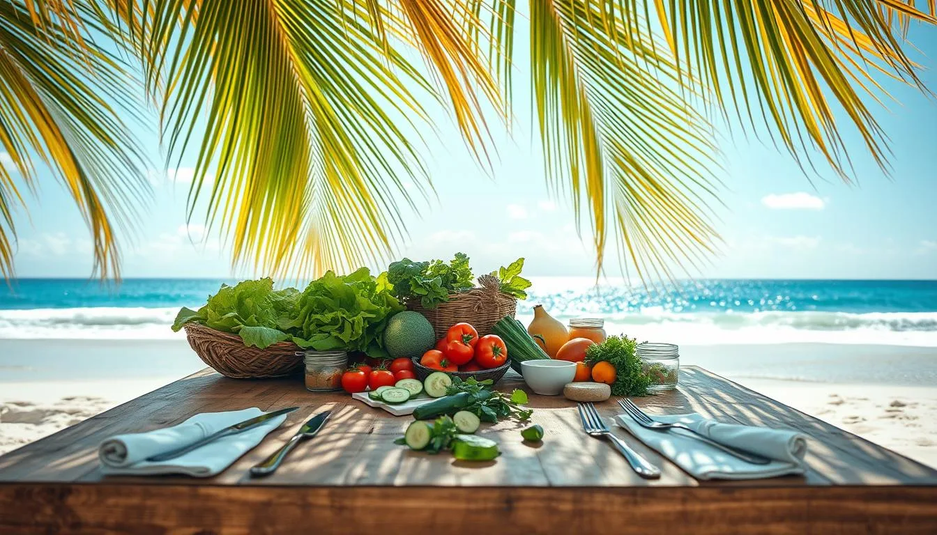 A breezy beach scene, with a large wooden table in the center. On the table, fresh produce and ingredients for a vibrant salad - crisp lettuce, juicy tomatoes, crunchy cucumber slices, and fragrant herbs. Sunlight filters through a canopy of swaying palm fronds, casting a warm glow over the setup. In the background, the sparkling blue ocean and a cloudless sky set the tranquil, summertime mood. A light, refreshing breeze rustles the leaves and gently sways the linen napkins and utensils arranged neatly on the table. The composition is balanced, with the table and its contents as the focal point, inviting the viewer to imagine themselves preparing a delicious, healthy beach picnic.