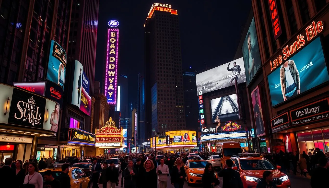 A bustling Broadway Theater District at night, with vibrant neon lights illuminating the iconic marquees of historic theaters. Towering skyscrapers and billboards frame the scene, creating a dazzling urban landscape. In the foreground, throngs of people stroll along the sidewalks, their silhouettes and faces captured in a warm, cinematic lighting. The streets are alive with the energy of Broadway, with taxis, buses, and the occasional street performer adding to the dynamic atmosphere. The overall mood is one of excitement, wonder, and the thrill of live performance, capturing the essence of this legendary entertainment hub.
