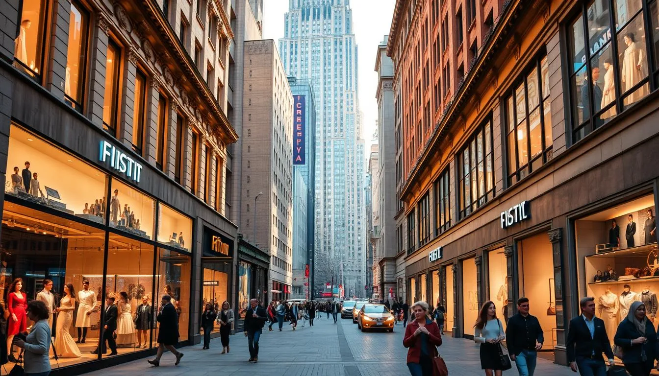 A bustling Fifth Avenue in New York City, showcasing the vibrant energy of its renowned shopping district. Elegant storefront displays, adorned with luxurious fashion and accessories, line the street, inviting passersby to explore. Stylish pedestrians stroll along the sidewalks, window-shopping and admiring the high-end offerings. The grand architecture of the historic buildings provides a stunning backdrop, with intricate details and towering facades. Warm, natural lighting illuminates the scene, casting a warm, inviting glow. The overall atmosphere exudes a sense of sophistication, exclusivity, and the allure of the city's premier shopping destination.