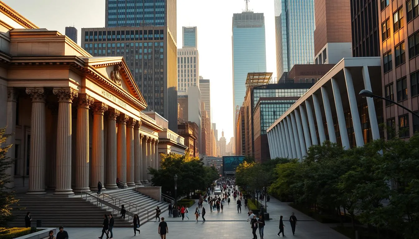 A bustling cityscape of New York City's world-renowned museums, bathed in warm, golden afternoon light. In the foreground, the iconic facade of the Metropolitan Museum of Art stands proudly, its grand columns and intricate architectural details casting long shadows. In the middle ground, the sleek, modern lines of the Museum of Modern Art come into view, surrounded by lush greenery and pedestrians strolling along the sidewalks. In the background, the towering skyscrapers of Midtown Manhattan rise up, creating a dramatic, urban backdrop. The scene exudes a sense of cultural vibrancy and intellectual curiosity, inviting the viewer to explore the vast trove of artistic and historical treasures within these celebrated institutions.