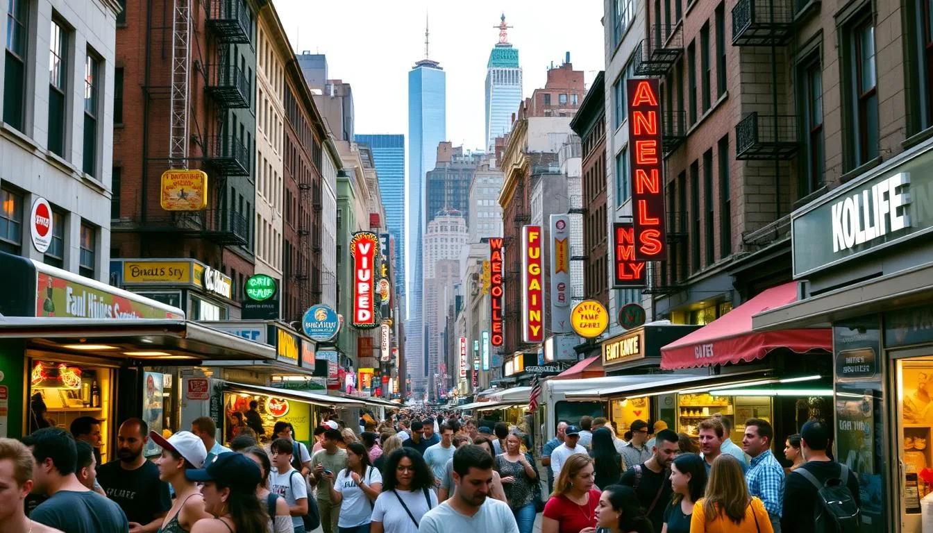 A bustling street in downtown Manhattan, lined with vibrant food trucks and artisanal eateries. In the foreground, a diverse crowd of locals and tourists savoring delectable street fare - from gourmet hot dogs to authentic ethnic delicacies. The middle ground features a mixture of trendy cafes, cozy bistros, and celebrated restaurants, their facades bathed in the warm glow of neon signs. In the background, the iconic skyline of New York City rises majestically, a testament to the dynamic culinary tapestry of this global metropolis. The scene is infused with an energetic, adventurous spirit, inviting the viewer to embark on a captivating foodie journey through the five boroughs.