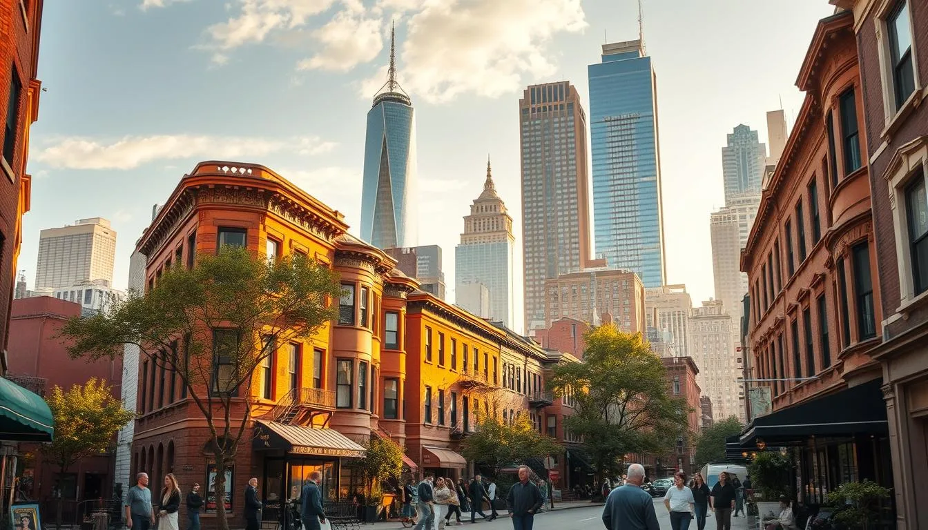 A bustling urban landscape, with vibrant brownstone buildings and quaint storefronts lining the streets of an off-the-beaten-path New York City neighborhood. Pedestrians stroll leisurely, taking in the charming atmosphere and unique character of the area. The scene is bathed in warm, golden afternoon light, casting a cozy, inviting glow. In the background, towering skyscrapers and iconic landmarks peek out, hinting at the larger city beyond. This image captures the essence of discovering the hidden gems and local treasures that make NYC's neighborhoods so alluring and worth exploring.