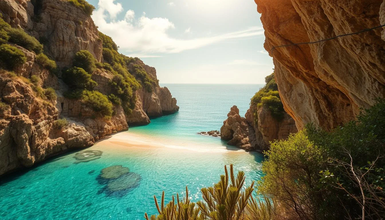 A hidden cove nestled in the rugged cliffs of the Mediterranean coastline. Crystalline turquoise waters gently lap against a pristine, secluded sandy beach. Verdant vegetation clings to the rocky outcroppings, casting soft shadows over the tranquil scene. Warm, golden sunlight filters through wispy clouds, illuminating the scene with a serene, dreamlike quality. Towering, sun-weathered cliffs frame the view, hinting at the untamed natural beauty that surrounds this secluded oasis. A sense of solitude and timelessness pervades the atmosphere, inviting the viewer to escape the bustle of the world and lose themselves in the timeless allure of this hidden Mediterranean gem.