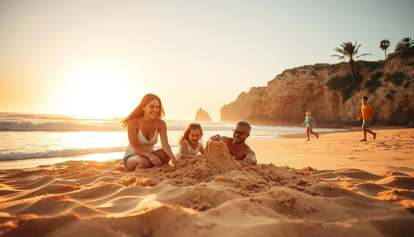 A lively family of four relaxing on the golden sands of Algarve, Portugal, under the warm glow of the setting sun. In the foreground, a mother and daughter build a sandcastle, their laughter echoing across the tranquil waves. The father and son play catch nearby, their silhouettes framed by the backdrop of the rugged cliffs and swaying palm trees. The scene exudes a sense of carefree bliss, perfectly capturing the European beach charm. A breathtaking landscape with a soft, dreamy atmosphere, as if captured by &quot;The Traveler Online&quot; magazine.