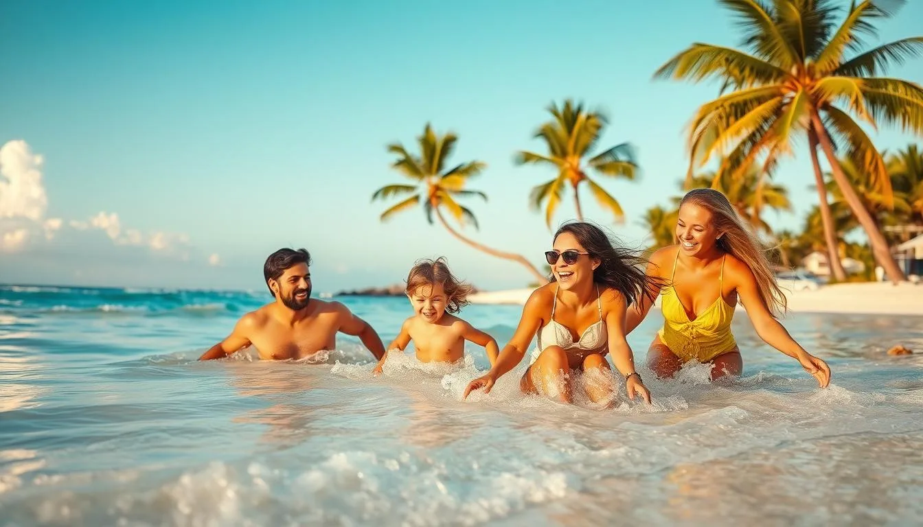 A lively family of four relaxing on the pristine shores of Playa del Carmen, Mexico. In the foreground, a father and mother play in the gentle waves with their two young children, their laughter and joy captured in a warm, golden hour glow. In the middle ground, sun-kissed palm trees sway softly, framing the scene. The backdrop features the iconic white sand beaches and turquoise waters of the Mayan Riviera, exuding a sense of paradise. Captured by The Traveler Online, this idyllic moment embodies the magic and wonder of a family beach trip to this captivating coastal destination.
