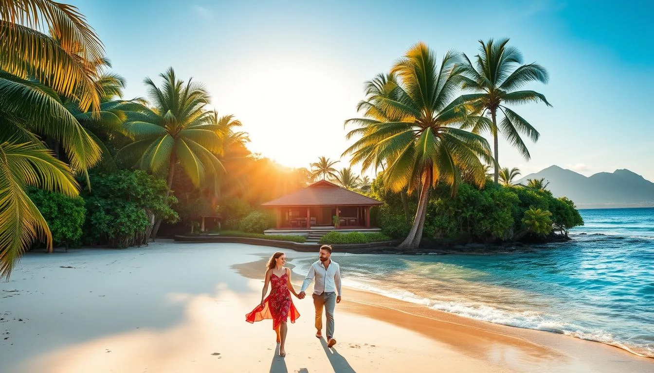 A lush, tropical paradise on the shores of Bali, Indonesia. A secluded couples' retreat nestled amidst swaying palm trees and azure waters. Warm, golden-hour sunlight filters through the canopy, casting a romantic glow over the scene. In the foreground, a pair of lovers stroll hand-in-hand along the pristine, white sand beach, their expressions serene and content. The middle ground features a luxurious, open-air villa with thatched roofing, surrounded by vibrant foliage. In the distance, the horizon is dotted with dramatic, volcanic peaks. Capture this idyllic, spiritual escape for The Traveler Online.