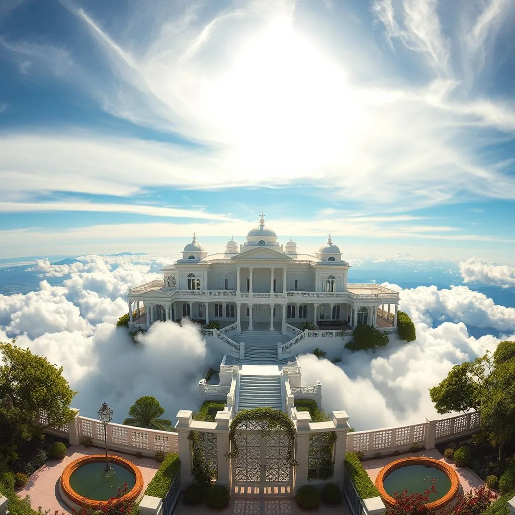 A panoramic vista of a floating cloud villa nestled amidst ethereal cumulus formations. The palatial structure appears to defy gravity, its elegant architecture seamlessly blending with the ever-changing sky. Sunlight filters through wispy clouds, casting a warm glow upon the villa's pristine white walls and sweeping terraces. In the foreground, lush gardens and tranquil water features reflect the serene ambiance. The middle ground showcases the villa's grand entryway, framed by delicate latticework and cascading greenery. In the background, the horizon is dotted with distant mountain peaks, their snow-capped summits gleaming under a azure sky. An atmosphere of peaceful isolation and boundless wonder permeates the scene, inviting the viewer to experience the tranquility of this floating cloud sanctuary.