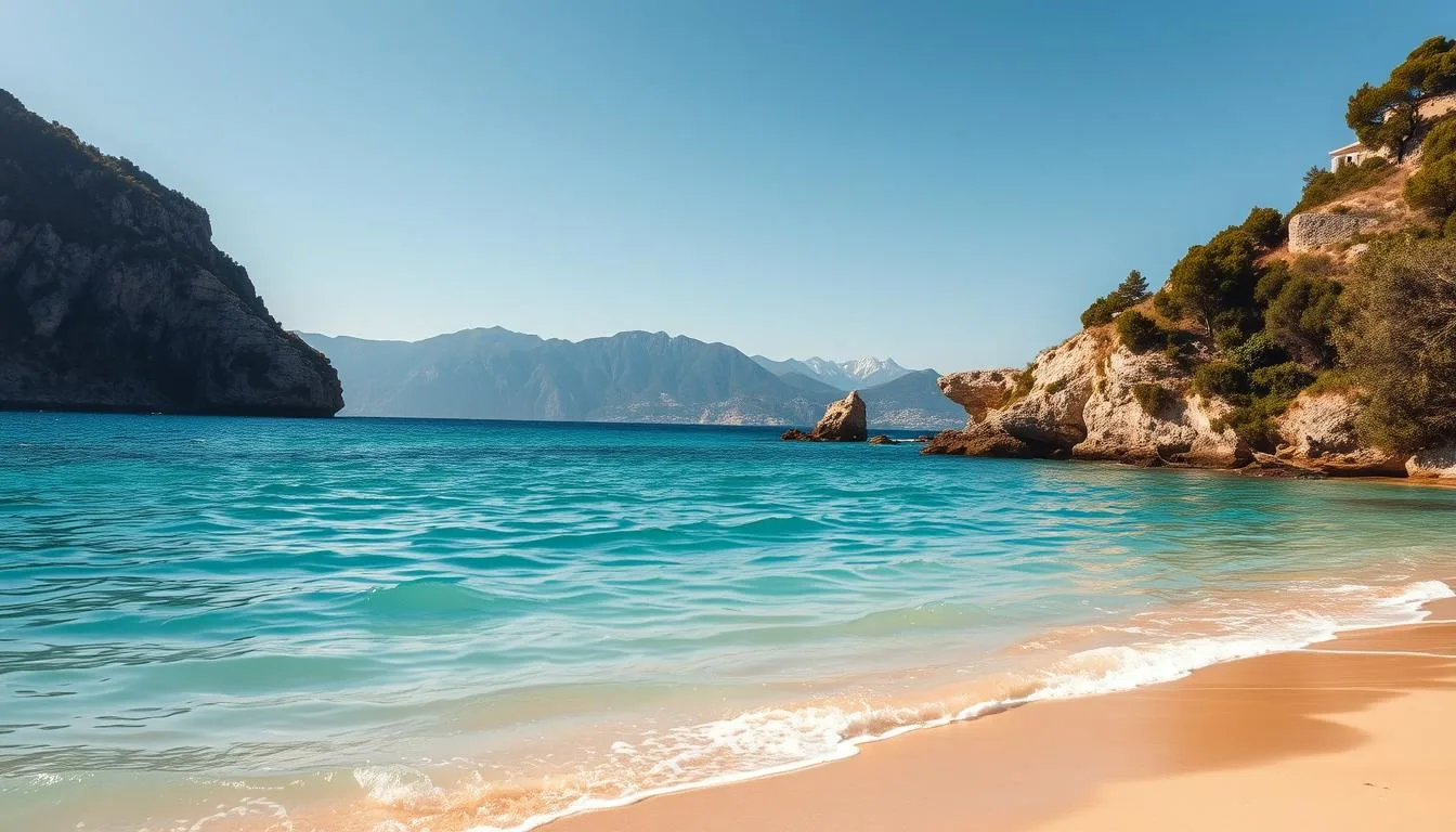 A peaceful, sun-drenched Mediterranean beach, with soft golden sand and crystal-clear turquoise waters lapping gently at the shore. In the middle ground, a few weathered cliffs and lush, verdant foliage frame the scene, casting gentle shadows. In the background, a range of rugged, snow-capped mountains rise up, hazy and distant under a brilliant azure sky. The warm, golden light of the midday sun illuminates the entire landscape, creating a tranquil, serene atmosphere. A wide-angle, cinematic lens captures the full grandeur of this hidden European coastal gem, inviting the viewer to step into the scene and find their own quiet moment of relaxation.