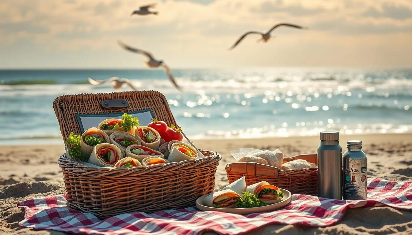 A picturesque beach scene with a cozy picnic setup in the foreground. A wicker picnic basket overflows with an assortment of sandwiches, wraps, and portable snacks, their vibrant fillings peeking out. Crisp vegetables, sliced meats, and creamy spreads are artfully arranged, inviting the viewer to imagine the delicious flavors. Nearby, a checkered picnic blanket is laid out, with a thermos and reusable water bottles at the ready. Soft, warm lighting filters through wispy clouds, casting a golden glow over the peaceful setting. In the background, the sparkling ocean laps at the sandy shore, with a few seagulls soaring overhead. The overall mood is one of relaxation, simplicity, and the joy of sharing a delightful beach picnic.