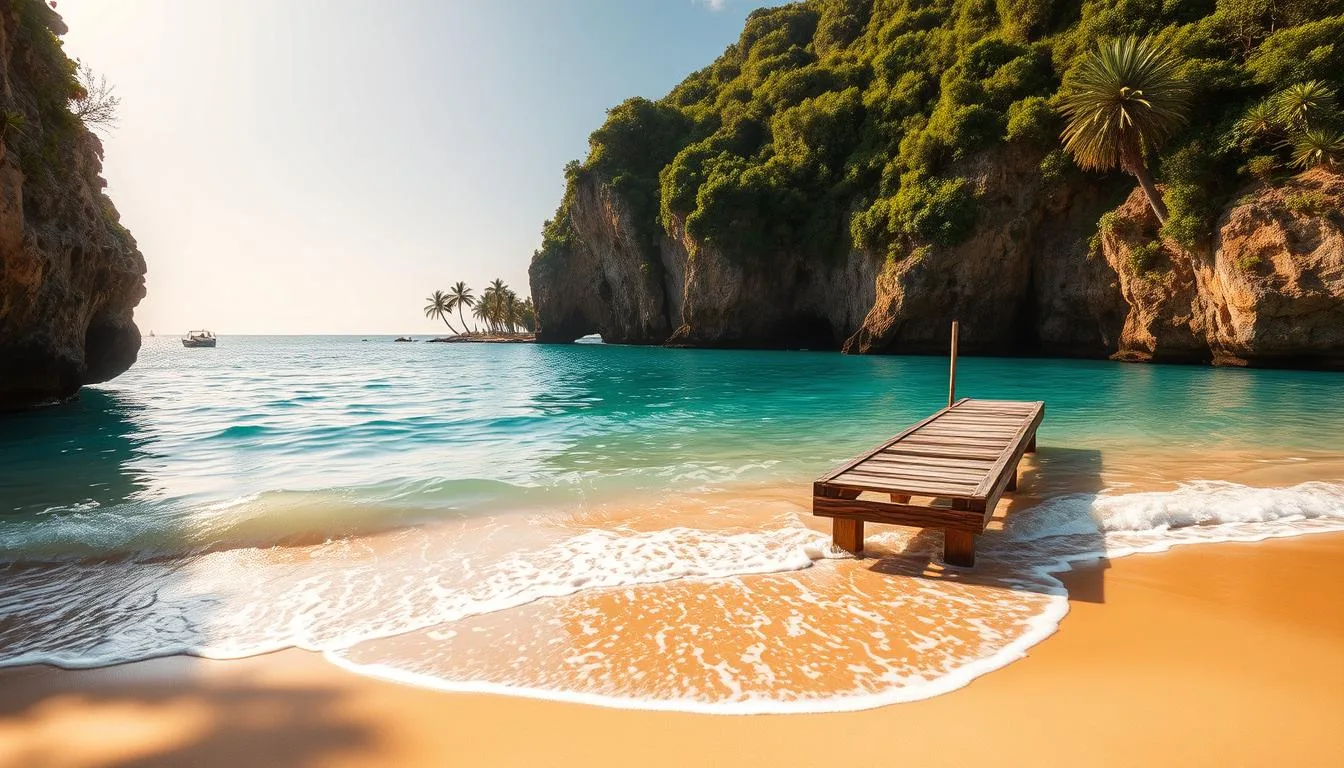 A pristine, secluded beach nestled in a cove, surrounded by lush, verdant cliffs. Gentle waves lap against the golden sands, creating a soothing, hypnotic rhythm. The sun casts a warm, golden glow, illuminating the scene with a tranquil, serene ambiance. In the distance, a few palm trees sway gently in the soft, ocean breeze. The air is fresh and invigorating, with a hint of salt. A lone, weathered wooden dock extends into the crystal-clear, turquoise waters, inviting visitors to bask in the peaceful solitude. This idyllic, remote beach destination offers a sanctuary for pure relaxation, away from the bustle of the world.