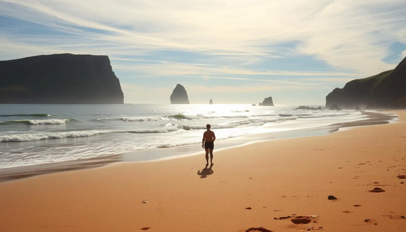 A remote, sun-kissed beach nestled along the serene coastline of Canada's Maritime provinces. Tranquil waves gently caress the shoreline, while towering, rugged cliffs frame the scene in the distance. Wispy clouds drift overhead, casting a soft, diffused light that creates an atmosphere of profound peace and seclusion. In the foreground, a solitary figure stands barefoot on the warm, fine-grained sand, gazing out at the boundless expanse of the sparkling ocean. This captivating landscape exudes a sense of profound serenity, inviting the viewer to escape the stresses of the outside world and immerse themselves in the restorative calm of nature's embrace.