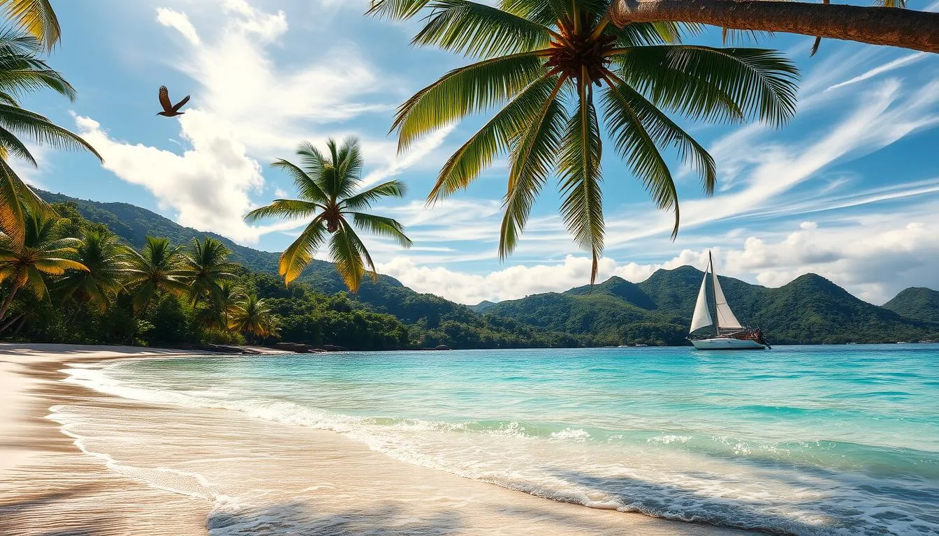 A remote tropical beach, with swaying palm trees lining the shore, their fronds casting dappled shadows on the pristine white sand. Turquoise waves gently lapping at the coastline, their rhythm soothing and hypnotic. In the distance, lush, verdant hills rise up, cloaked in a rich tapestry of verdant foliage. Warm, golden sunlight filters through wispy clouds, creating a serene, tranquil atmosphere. A lone sailboat drifts lazily on the horizon, its sails billowing in the gentle breeze. Exotic birds soar overhead, their calls echoing across the secluded cove. This is an undiscovered coastal paradise, untouched by the crowds, a hidden gem waiting to be discovered.