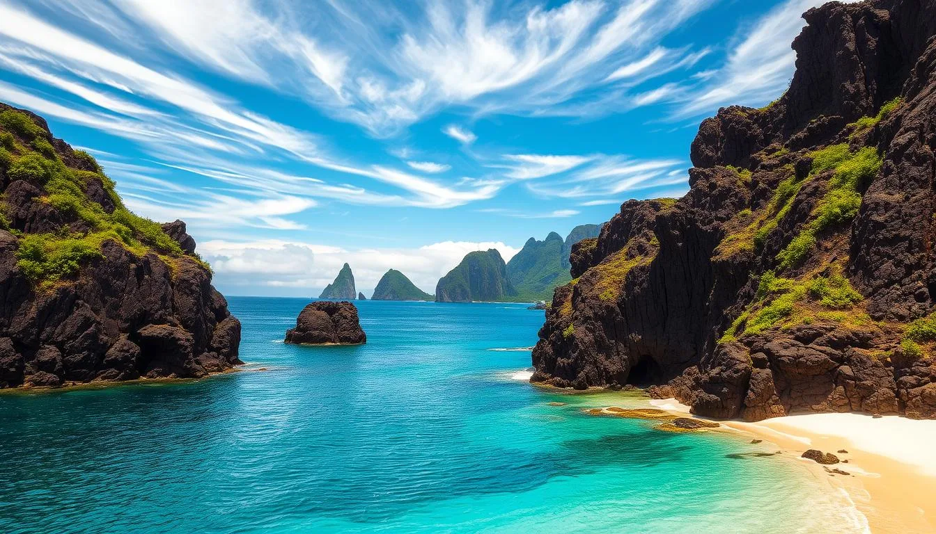 A rugged coastline of volcanic rock formations, sculpted by the relentless Atlantic winds. In the foreground, a secluded beach of pristine white sand, framed by towering sea cliffs draped in lush vegetation. The middleground features a tranquil azure lagoon, its surface reflecting the wispy cirrus clouds drifting overhead. In the distance, a cluster of lush, verdant islands rise from the restless ocean, their jagged peaks touching the horizon. The scene is bathed in a warm, golden light, casting dramatic shadows that accentuate the dramatic topography. A sense of remote isolation pervades the landscape, hinting at the untamed beauty and captivating solitude of these far-flung Atlantic retreats.