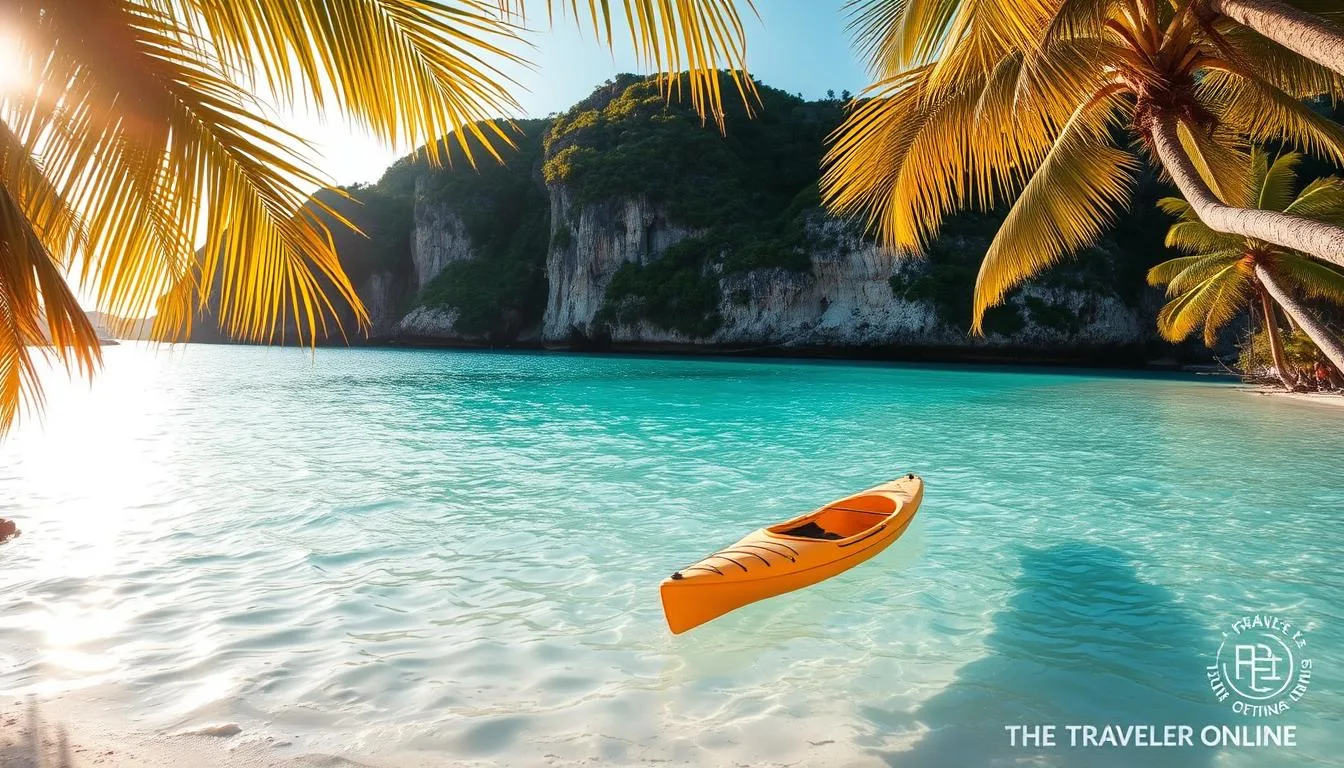 A secluded Caribbean cove with shimmering turquoise waters, fringed by swaying palm trees and white sand. Warm, golden-hour sunlight filters through the palms, casting soft shadows across the tranquil scene. A lone kayak rests on the shore, hinting at quiet exploration. In the distance, rocky cliffs rise up, shrouded in lush, verdant foliage. The serene atmosphere invites visitors to escape the crowds and immerse themselves in the hidden beauty of "The Traveler Online" Caribbean's Hidden Treasures.