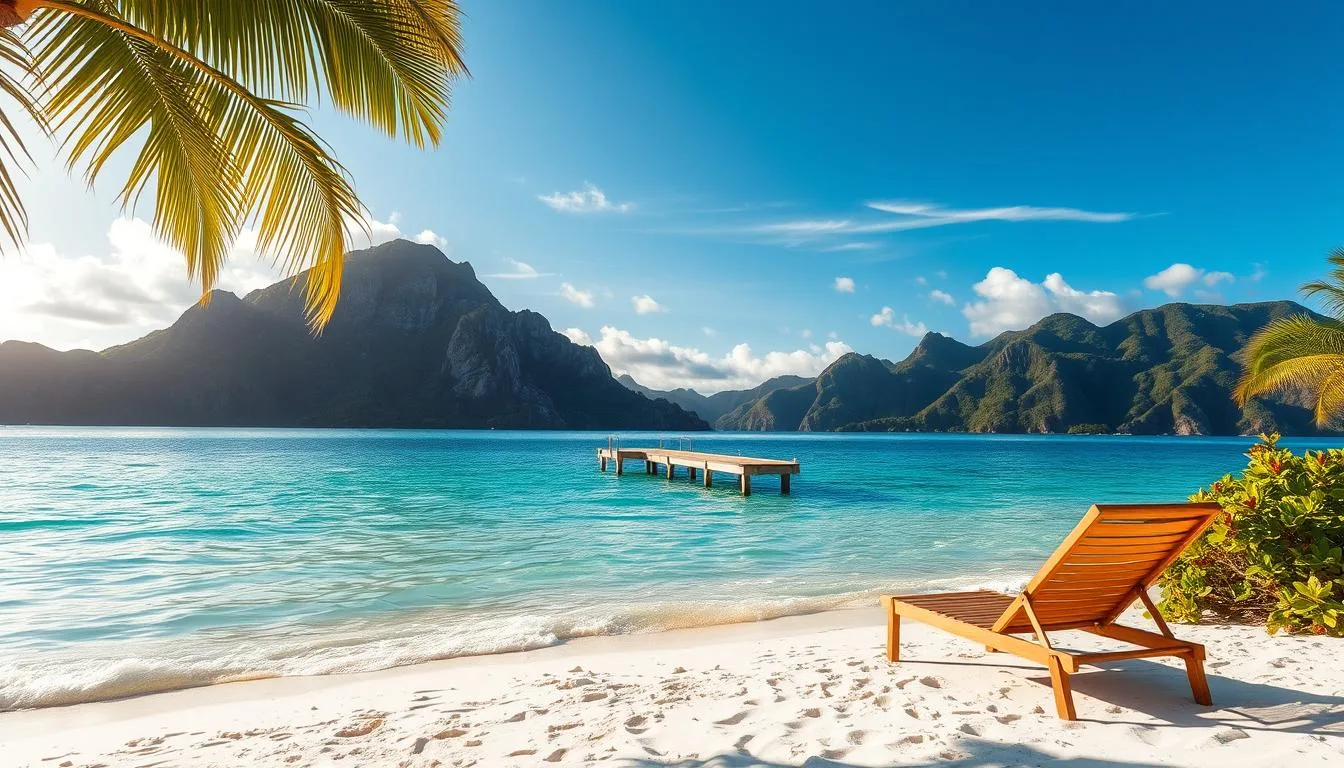 A secluded Caribbean island beach, sun-drenched and serene. Crystalline turquoise waters lap against powdery white sand, fringed by swaying palms and lush tropical foliage. In the foreground, a lone beach chair invites contemplation, while in the middle ground, a wooden pier juts into the tranquil bay. The background reveals rugged, verdant hills rising in the distance, casting soft shadows over the idyllic scene. Warm, golden light filters through wispy clouds, creating a dreamlike atmosphere of solitude and natural beauty.