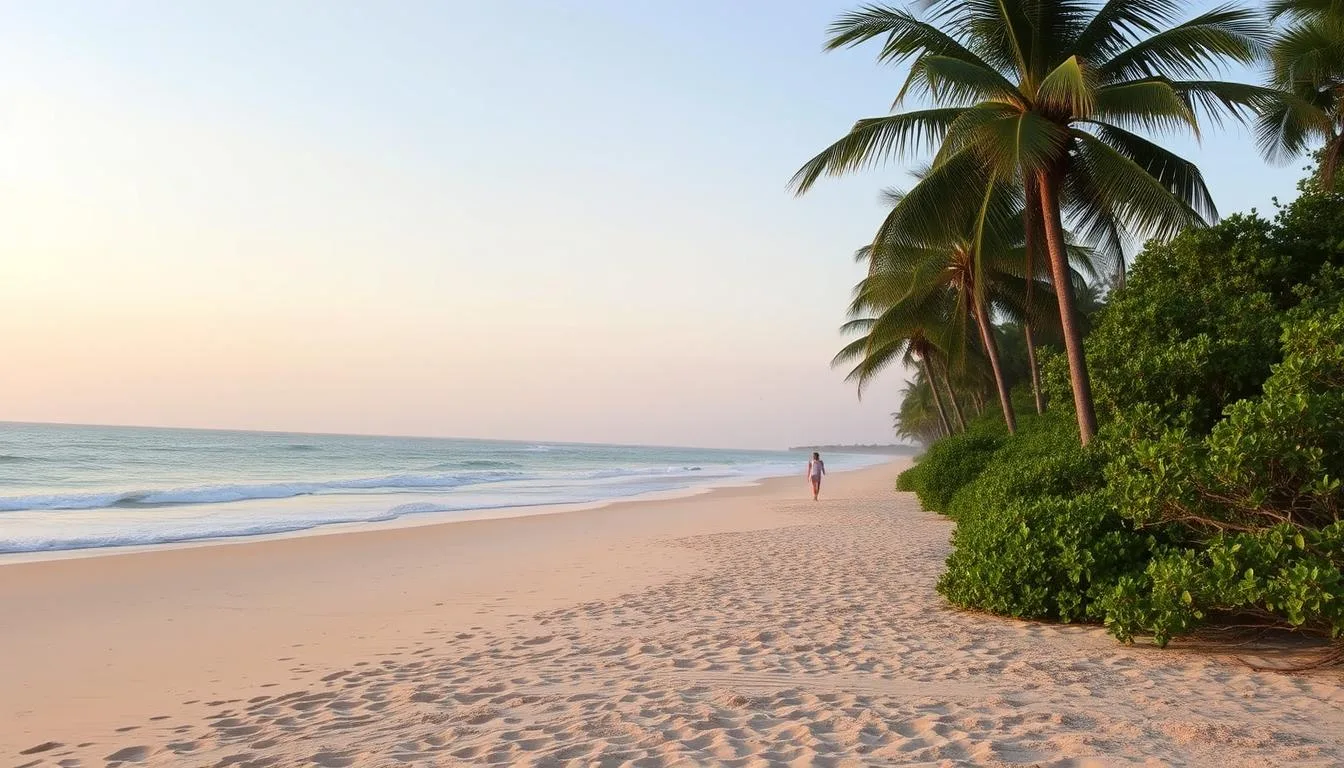 A serene Gulf Shores, Alabama beach at golden hour. Soft, warm sand stretches out to crystalline waves lapping at the shore. Swaying palm trees and lush, verdant foliage frame the scene, creating a tropical ambiance. A lone beachgoer strolls along the water's edge, taking in the picturesque view. Subtle, diffused sunlight bathes the entire landscape in a warm, golden glow. The Traveler Online.