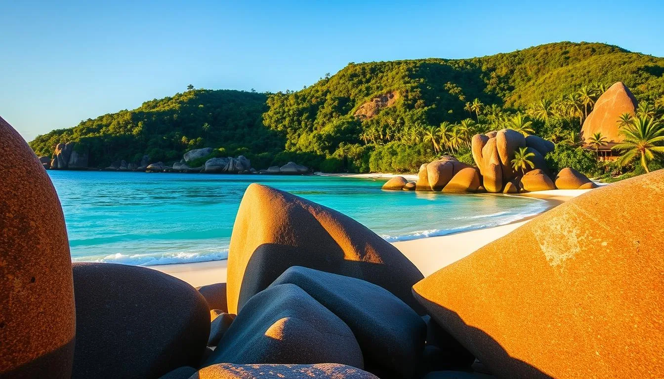 A serene beach at Anse Source d'Argent, Seychelles, with striking granite formations in the foreground. Warm, golden hour light bathes the scene, casting long shadows across the smooth rocks. In the middle ground, crystal-clear turquoise waters gently lap against the shoreline, surrounded by lush, tropical foliage. The background features a gently sloping hill covered in verdant vegetation. Minimal human presence, creating a peaceful, tranquil atmosphere. Captured with a wide-angle lens to showcase the grandeur of the natural landscape. This image was created for &quot;The Traveler Online&quot; to illustrate the section &quot;Anse Source d'Argent, Seychelles: Nature's Granite Masterpiece&quot;.
