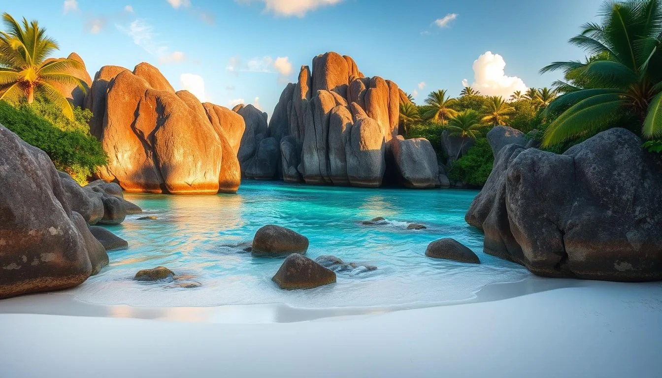A serene beach cove at Anse Source d'Argent, Seychelles, where massive granite boulders stand as natural sculptures, bathed in warm golden-hour light. Crystalline turquoise waters caress the white sand shore, framed by lush palm trees and verdant foliage. The scene evokes a sense of tranquility and wonder, as if untouched by human presence. Capture this hidden gem for "The Traveler Online" - a breathtaking natural landscape where the elements have sculpted timeless beauty. A serene beach cove at Anse Source d'Argent, Seychelles, where massive granite boulders stand as natural sculptures, bathed in warm golden-hour light. Crystalline turquoise waters caress the white sand shore, framed by lush palm trees and verdant foliage. The scene evokes a sense of tranquility and wonder, as if untouched by human presence. Capture this hidden gem for "The Traveler Online" - a breathtaking natural landscape where the elements have sculpted timeless beauty.