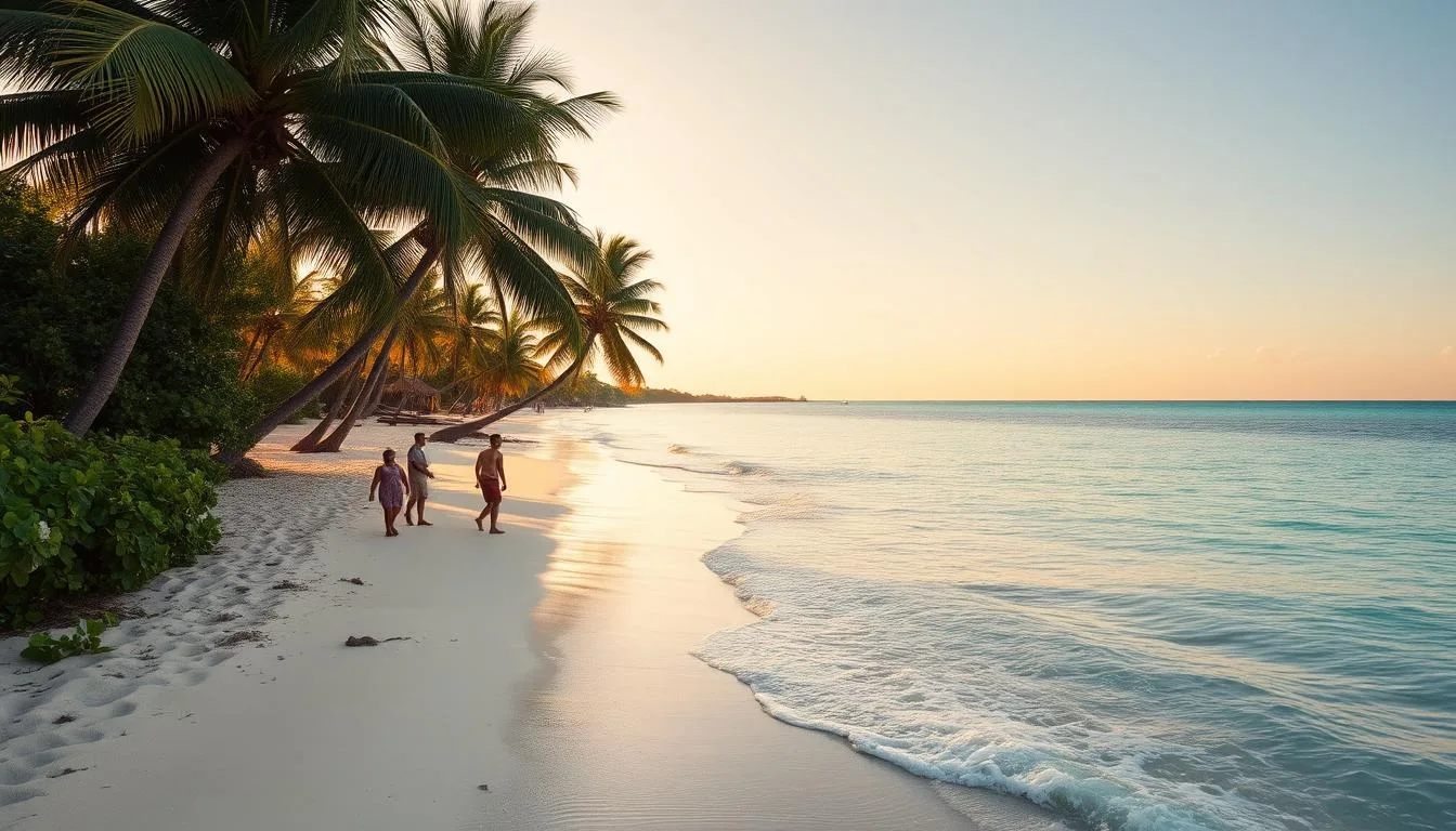 A serene beach scene in Vieques, Puerto Rico, captured during the golden hour. Crystal-clear turquoise waters lap against the pristine, white-sand shore, framed by swaying palm trees and lush, verdant foliage. A few locals stroll along the beach, taking in the tranquil atmosphere. The scene is bathed in warm, soft lighting, creating a dreamlike, Mediterra-esque ambiance. Shot with a wide-angle lens to showcase the expansive, untouched beauty of this Caribbean gem. Commissioned by "The Traveler Online" to highlight this underrated beach destination.