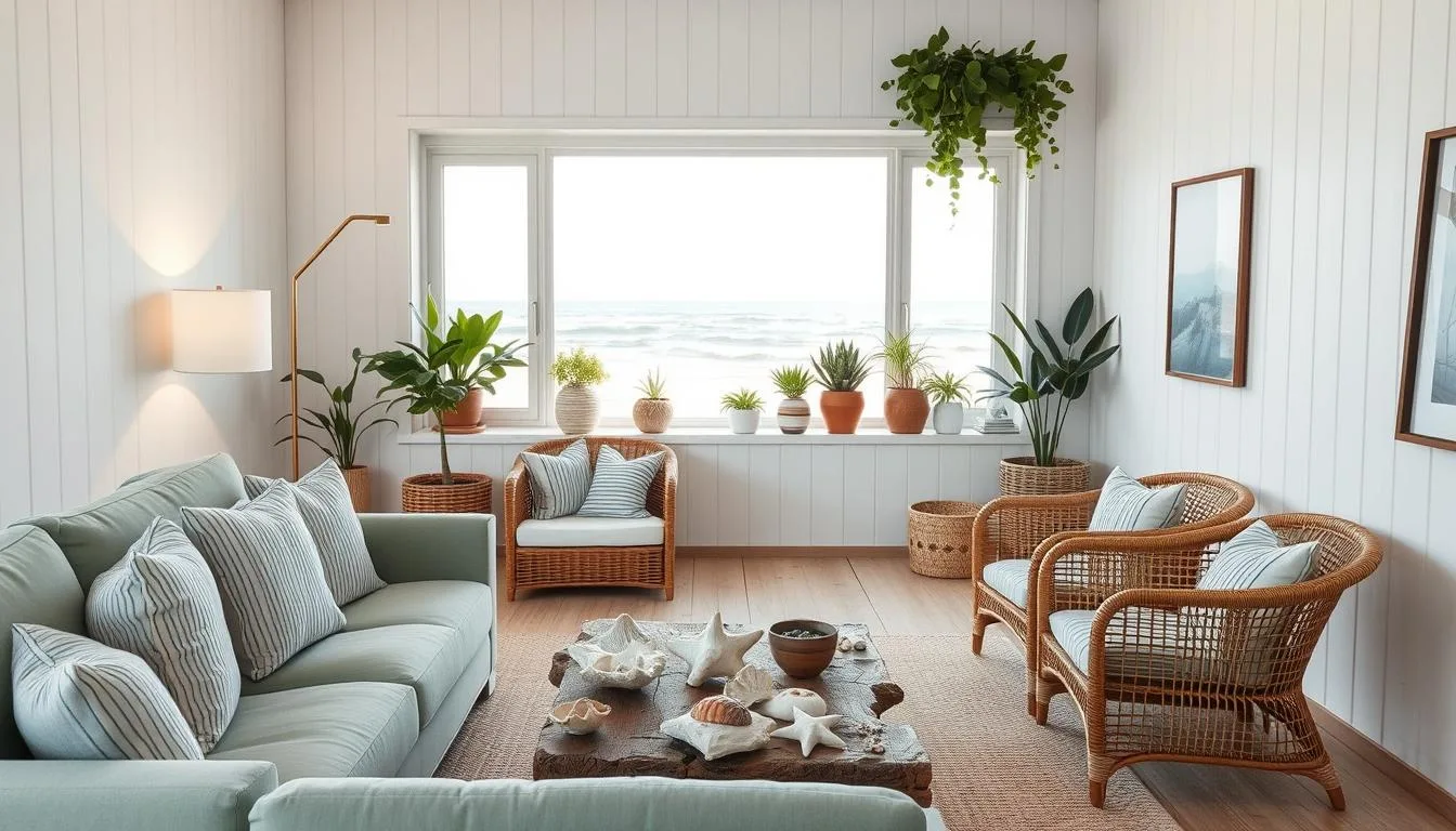 A serene coastal living room with a minimalist sea-inspired aesthetic. In the foreground, a plush seafoam green sofa and a driftwood coffee table accented with seashells and coral. Muted blue and white striped throw pillows complement the natural textures. In the middle ground, a woven rattan loveseat faces a large window, framing a tranquil ocean view. Soft lighting from a brass floor lamp casts a warm glow. The background features whitewashed wood paneling, topped with an array of lush potted plants. Gentle waves lap at the sandy shore outside, creating a calming ambiance. Crisp, clean lines and a muted color palette capture the essence of a serene seaside retreat. A serene coastal living room with a minimalist sea-inspired aesthetic. In the foreground, a plush seafoam green sofa and a driftwood coffee table accented with seashells and coral. Muted blue and white striped throw pillows complement the natural textures. In the middle ground, a woven rattan loveseat faces a large window, framing a tranquil ocean view. Soft lighting from a brass floor lamp casts a warm glow. The background features whitewashed wood paneling, topped with an array of lush potted plants. Gentle waves lap at the sandy shore outside, creating a calming ambiance. Crisp, clean lines and a muted color palette capture the essence of a serene seaside retreat.