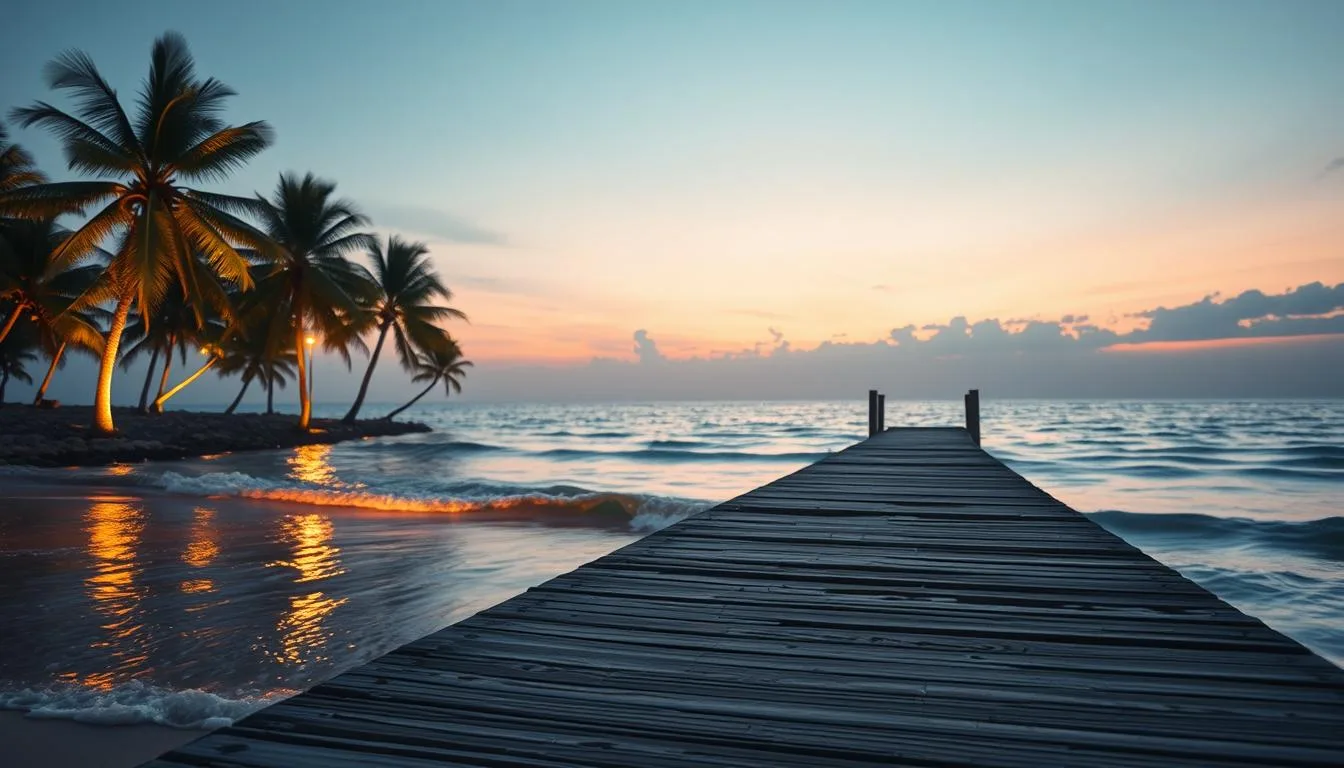 A serene coastal scene illuminated by warm, ethereal lighting. In the foreground, a weathered wooden pier extends over gently lapping waves, casting reflections that shimmer in the soft glow. Midground, a line of palm trees sway gently, their fronds casting intricate patterns of light and shadow. In the background, a tranquil horizon meets a sky ablaze with the pastel hues of sunset. The overall atmosphere is one of peaceful, contemplative ambiance, with the coastal lighting design creating a sense of calm and relaxation. Captured through a wide-angle lens, the scene conveys the essence of a coastal aesthetic perfect for evoking a beach-inspired mood. A serene coastal scene illuminated by warm, ethereal lighting. In the foreground, a weathered wooden pier extends over gently lapping waves, casting reflections that shimmer in the soft glow. Midground, a line of palm trees sway gently, their fronds casting intricate patterns of light and shadow. In the background, a tranquil horizon meets a sky ablaze with the pastel hues of sunset. The overall atmosphere is one of peaceful, contemplative ambiance, with the coastal lighting design creating a sense of calm and relaxation. Captured through a wide-angle lens, the scene conveys the essence of a coastal aesthetic perfect for evoking a beach-inspired mood.