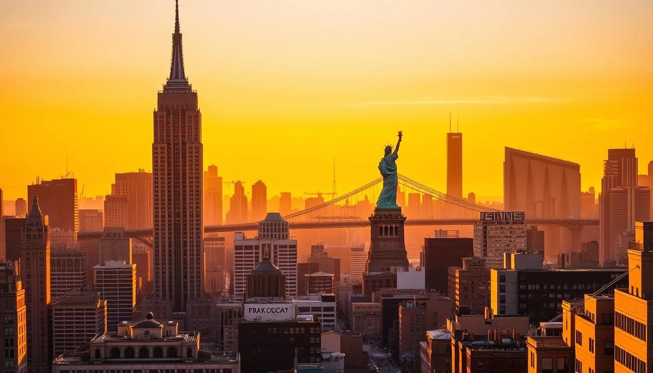 A striking cityscape of New York City's iconic landmarks, captured in warm golden hour lighting. In the foreground, the towering Empire State Building stands tall, its Art Deco architecture gleaming. In the middle ground, the skyline is punctuated by the distinctive silhouettes of the Brooklyn Bridge and Statue of Liberty, silhouetted against a vibrant orange-hued sky. The background features the bustling streets and yellow cabs of Manhattan, creating a sense of energy and movement. The overall composition conveys the grandeur, dynamism, and must-see sights that define the quintessential New York City experience for first-time visitors.