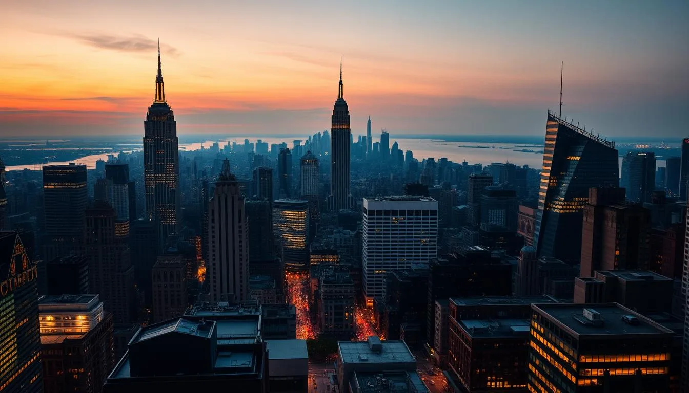 A stunning panoramic view of Manhattan's iconic skyline at dusk, with the towering silhouettes of skyscrapers casting long shadows across the bustling streets below. In the foreground, the lights of yellow taxis and pedestrians create a vibrant, pulsing energy, while the middle ground features the distinctive shapes of landmarks like the Empire State Building and the Chrysler Building, their spires reaching towards a vast, dusky sky. The background is dominated by the impressive silhouettes of distant high-rises, their reflective glass facades glimmering in the fading light. The overall scene conveys a sense of timeless grandeur and the relentless energy that defines the heart of New York City.