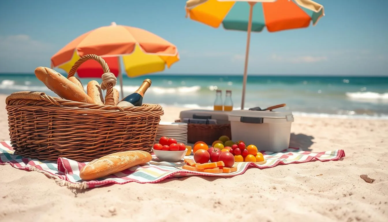 A sun-dappled beach scene, with a picnic blanket laid out on the soft sand. In the foreground, a wicker basket overflows with an array of picnic essentials - crisp baguettes, ripe fruit, a bottle of chilled wine, and a stack of reusable plates and utensils. Nearby, a small cooler keeps refreshing beverages at the perfect temperature. In the middle ground, a colorful beach umbrella casts gentle shadows, while in the background, the gentle lapping of waves meets the horizon, where a cloudless blue sky stretches out endlessly. Warm, natural lighting illuminates the scene, creating a sense of peaceful, laid-back relaxation.