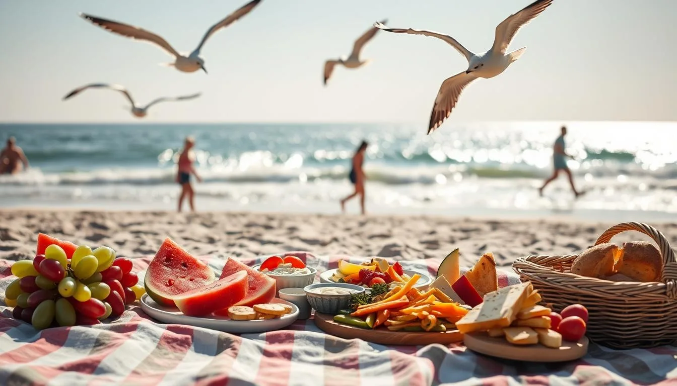 A sun-drenched beach scene, with a picnic blanket laid out in the foreground. On it, an array of delectable snacks and appetizers - plump grapes, juicy watermelon slices, crunchy veggies with dip, savory cheese and crackers, and a basket of fresh-baked bread. Seagulls soar overhead, casting playful shadows. In the background, the glistening ocean waves lap at the shore, and a few beachgoers stroll by, enjoying the warm, salty air. The lighting is soft and diffused, casting a golden glow over the scene. The mood is one of relaxation, indulgence, and the simple pleasures of a perfect beach day.