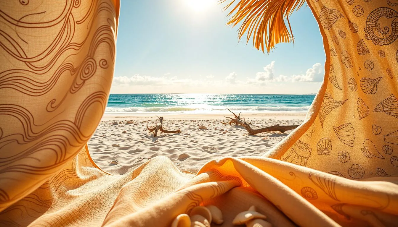A sun-drenched coastal scene, awash in warm, golden light. In the foreground, intricate textile patterns inspired by the sea - undulating waves, swirling shells, and playful marine life. The middle ground features a serene beach, dotted with driftwood and seashells, leading the eye to a distant horizon of azure waters and fluffy clouds. Overhead, soft, diffused lighting creates a tranquil, dreamy atmosphere, inviting the viewer to imagine the feel of the smooth, weathered fabrics against their skin. Captured with a wide-angle lens, this image evokes the essence of a seaside haven, where the natural beauty of the coast blends seamlessly with the alluring textures of coastal-inspired textiles. A sun drenched coastal scene awash in warm golden light. In the foreground intricate
