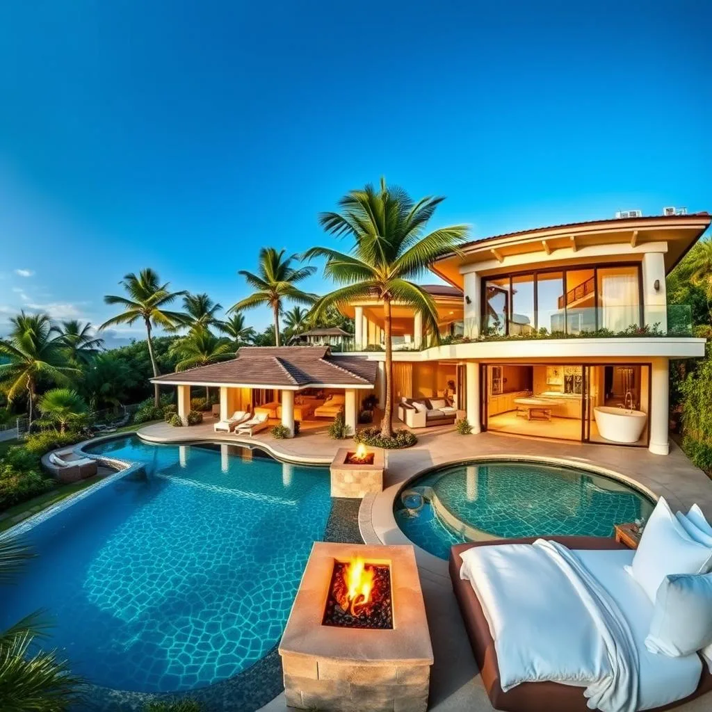 A sweeping, panoramic view of a luxury villa nestled amongst lush, verdant gardens and swaying palm trees. The villa features a sprawling outdoor terrace with a shimmering infinity pool, its crystal clear waters reflecting the azure sky above. Elegant lounge furniture, plush cushions, and a cozy firepit create an inviting ambiance. A sumptuous, contemporary interior is visible through the villa's expansive windows, hinting at the lavish amenities within - a gourmet kitchen, a spa-like bathroom with a freestanding bathtub, and a decadent bedroom with crisp white linens and a private balcony. Warm, golden lighting filters through the scene, casting a soft, romantic glow. The overall atmosphere exudes an air of refined sophistication and unparalleled luxury.