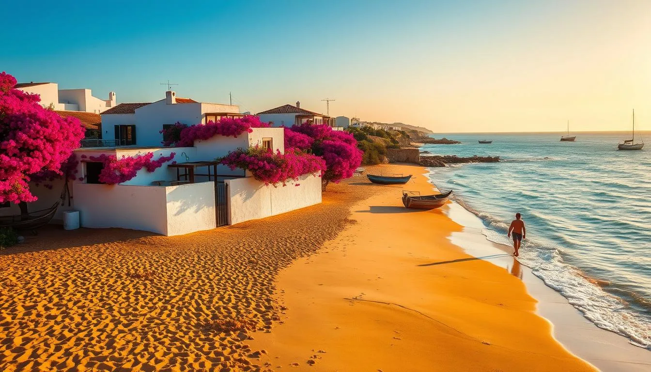 A tranquil beach in Algarve, Portugal, with golden sand and azure waters gently lapping the shore. Vibrant bougainvillea cascades over whitewashed buildings, their shadows dancing across the landscape. The warm, honey-hued light of the setting sun casts a serene glow, creating a picturesque scene for "The Traveler Online". Weathered fishing boats dot the horizon, and a lone figure strolls along the water's edge, capturing the essence of a budget-friendly, European beach escape.