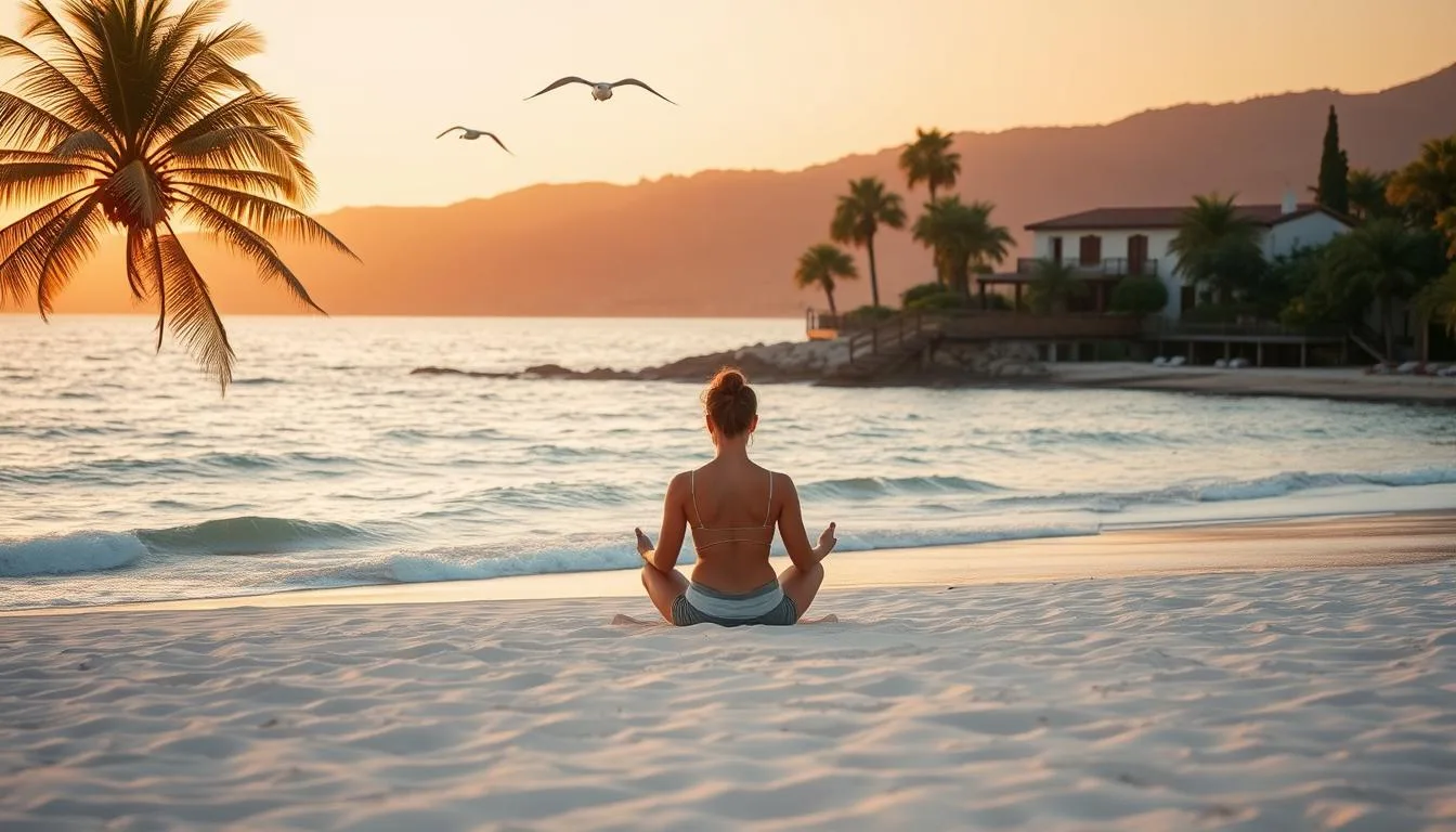 A tranquil coastal scene at &quot;The Traveler Online&quot; retreat, a pristine beach at golden hour. In the foreground, a woman sits cross-legged on a soft, sandy surface, palms upturned in meditation. Gentle waves lap at the shore, and a few seabirds glide overhead. The middle ground reveals lush, swaying palm trees and a wooden deck leading to the water's edge. In the distance, a picturesque Mediterranean-style villa nestled among rolling hills. Warm, diffused lighting casts a soothing glow across the entire landscape, evoking a sense of peace and mindfulness.