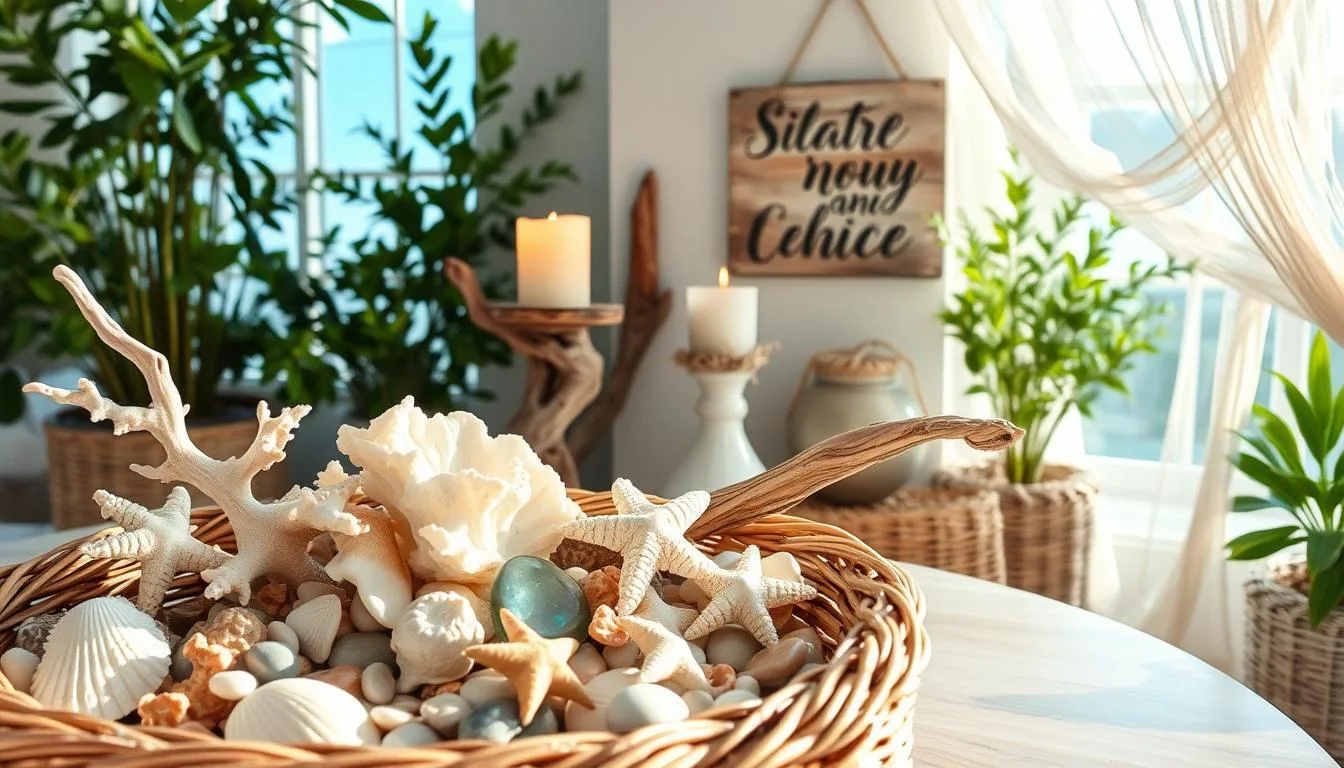 A tranquil coastal scene, featuring an arrangement of elegant driftwood, seashells, and beachy accents. In the foreground, a rustic woven basket overflows with an artful display of natural elements - sun-bleached coral, iridescent pebbles, and delicate starfish. In the middle ground, a driftwood candleholder casts a warm glow, while a weathered wooden sign hangs on the wall, inscribed with calligraphic text. Framing the composition, lush greenery and wispy draperies evoke the soothing ambiance of a seaside retreat. Soft, natural lighting filters through the windows, imbuing the scene with a serene, sun-kissed atmosphere. A tranquil coastal scene, featuring an arrangement of elegant driftwood, seashells, and beachy accents. In the foreground, a rustic woven basket overflows with an artful display of natural elements - sun-bleached coral, iridescent pebbles, and delicate starfish. In the middle ground, a driftwood candleholder casts a warm glow, while a weathered wooden sign hangs on the wall, inscribed with calligraphic text. Framing the composition, lush greenery and wispy draperies evoke the soothing ambiance of a seaside retreat. Soft, natural lighting filters through the windows, imbuing the scene with a serene, sun-kissed atmosphere.