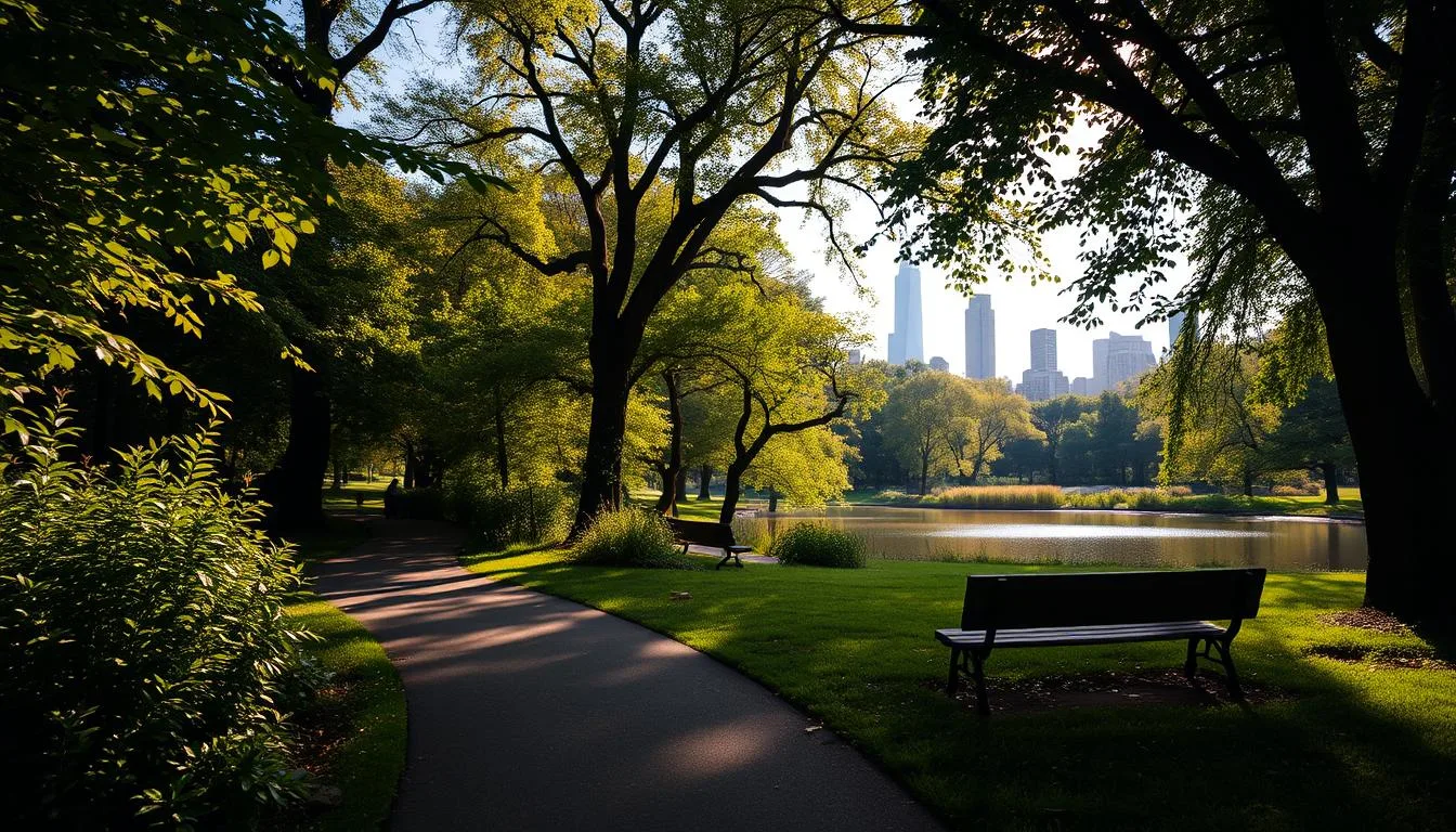 A tranquil scene in Central Park, New York City, showcasing its hidden gems. In the foreground, a meandering path winds through lush, verdant foliage, with sunlight filtering through the canopy, casting a warm, golden glow. In the middle ground, a secluded pond reflects the surrounding trees and a lone figure sitting on a weathered wooden bench, lost in contemplation. In the background, the iconic skyline of Manhattan rises, a testament to the city's vibrant energy, yet this pocket of the park remains a serene oasis, inviting exploration and discovery. The composition is balanced, with a sense of depth and mystery, capturing the essence of Central Park's hidden treasures.