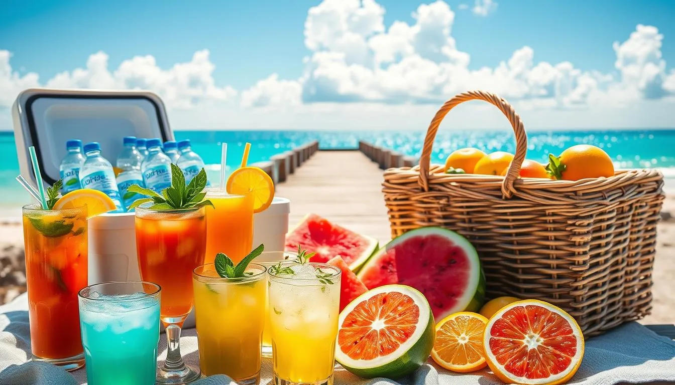 A vibrant arrangement of refreshing beach hydration drinks, captured in a sun-dappled, coastal setting. In the foreground, chilled glasses brimming with colorful juices and smoothies, garnished with tropical fruits and fresh herbs. Behind them, a cooler filled with icy bottled waters and electrolyte-infused sports drinks. In the middle ground, a wicker picnic basket overflows with lush, ripe watermelon and juicy citrus fruits. In the background, a weathered wooden dock overlooks the glistening turquoise ocean, with fluffy white clouds drifting across a bright, azure sky. The scene exudes a sense of relaxation and rejuvenation, perfectly complementing the "Hydrating Drinks and Beverages" section of the beach picnic article.