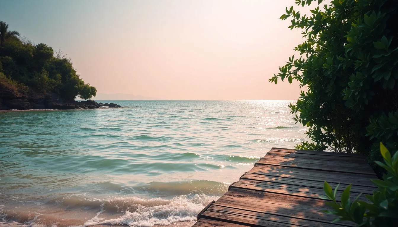 A vibrant coastal landscape, captured in a serene palette of blues, greens, and sandy hues. In the foreground, a tranquil ocean laps against a weathered wooden dock, the surface of the water glimmering with soft, golden light. In the middle ground, lush, verdant foliage frames the scene, creating a sense of lush, natural abundance. In the distance, the horizon line is defined by a hazy, pastel sky, tinged with shades of pink and lavender, evoking a serene, dreamlike atmosphere. The overall composition is balanced and harmonious, evoking a sense of calm and relaxation, perfectly suited to the "Beach Vibe" aesthetic. new york aesthetic