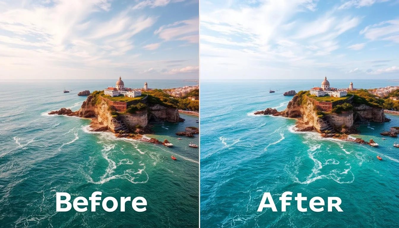 Before and after of photo editing, showing how post-processing helps achieve how to shoot travel photos like a pro Before and after of photo editing, showing how post-processing helps achieve how to shoot travel photos like a pro