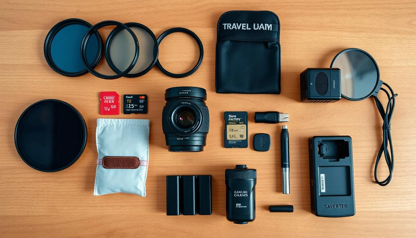 Essential travel photography accessories including filters, memory cards and cleaning kit, demonstrating how to shoot travel photos like a pro Essential travel photography accessories including filters, memory cards and cleaning kit, demonstrating how to shoot travel photos like a pro