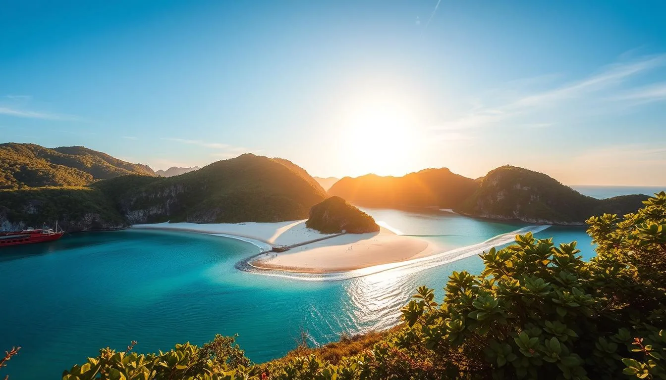 Koh Nang Yuan, Thailand: a secluded tropical paradise with three connected islands, surrounded by crystal-clear turquoise waters and pristine white sand beaches. Capture the tranquil ambiance during the golden hour, as warm sunlight casts a soft glow over the lush vegetation and rocky cliffs. In the foreground, showcase the unique sandbar that links the islands, inviting exploration. In the middle ground, depict the gentle waves lapping at the shore, with minimal human presence to preserve the serene atmosphere. In the background, render the verdant hillsides and vibrant azure sky, creating a sense of seclusion and natural beauty. Produce this scene for "The Traveler Online" with a cinematic, high-quality aesthetic. Koh Nang Yuan, Thailand: a secluded tropical paradise with three connected islands, surrounded by crystal-clear turquoise waters and pristine white sand beaches. Capture the tranquil ambiance during the golden hour, as warm sunlight casts a soft glow over the lush vegetation and rocky cliffs. In the foreground, showcase the unique sandbar that links the islands, inviting exploration. In the middle ground, depict the gentle waves lapping at the shore, with minimal human presence to preserve the serene atmosphere. In the background, render the verdant hillsides and vibrant azure sky, creating a sense of seclusion and natural beauty. Produce this scene for "The Traveler Online" with a cinematic, high-quality aesthetic.