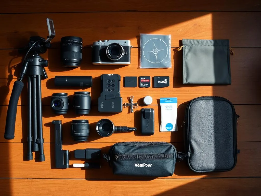 Lightweight travel photography kit laid out neatly, showing essential gear for how to shoot travel photos like a pro Lightweight travel photography kit laid out neatly, showing essential gear for how to shoot travel photos like a pro
