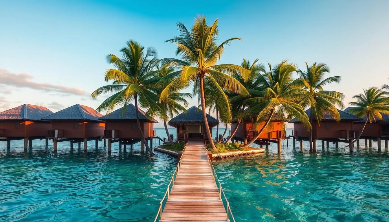 Lush palm trees sway gently over overwater bungalows nestled in the crystal clear, turquoise waters of the Maldives. Golden hour sunlight casts a warm, dreamy glow across the tranquil scene. A wooden dock leads to the bungalows, inviting visitors to step into this serene, tropical paradise. The Traveler Online