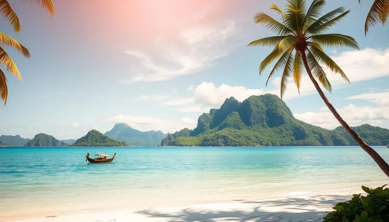 Lush, verdant islands rising from azure seas, cloaked in tropical foliage and fringed by pristine white-sand beaches. Palm trees sway gently in the warm ocean breeze, casting soft, dappled shadows across the tranquil shores. In the distance, rugged volcanic peaks pierce the horizon, shrouded in wispy clouds. A lone traditional wooden boat bobs on the gentle waves, its vibrant colors a striking contrast to the serene seascape. Warm, golden sunlight filters through the atmosphere, creating a calming, dreamlike atmosphere that invites exploration and relaxation. This is the essence of a remote Southeast Asian island paradise.