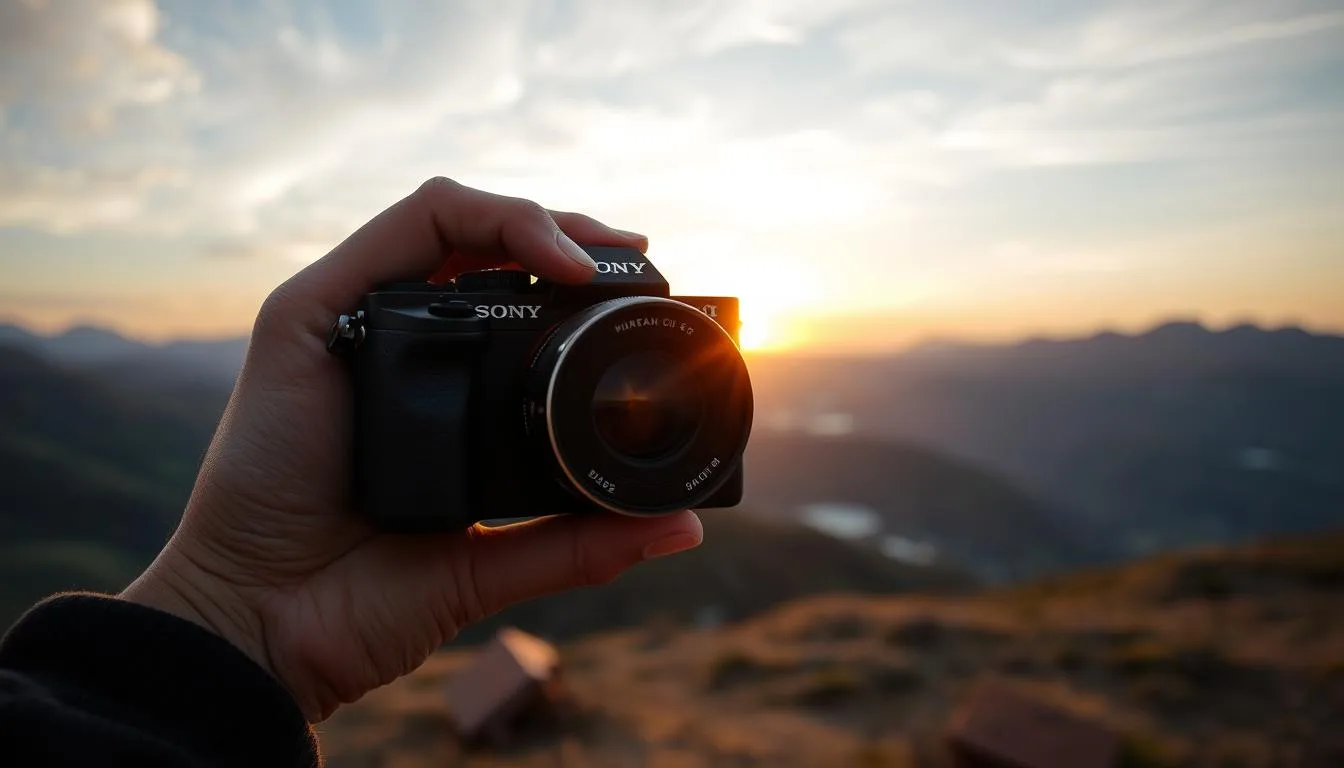 Person holding a mirrorless camera with a travel scene in background, demonstrating how to shoot travel photos like a pro