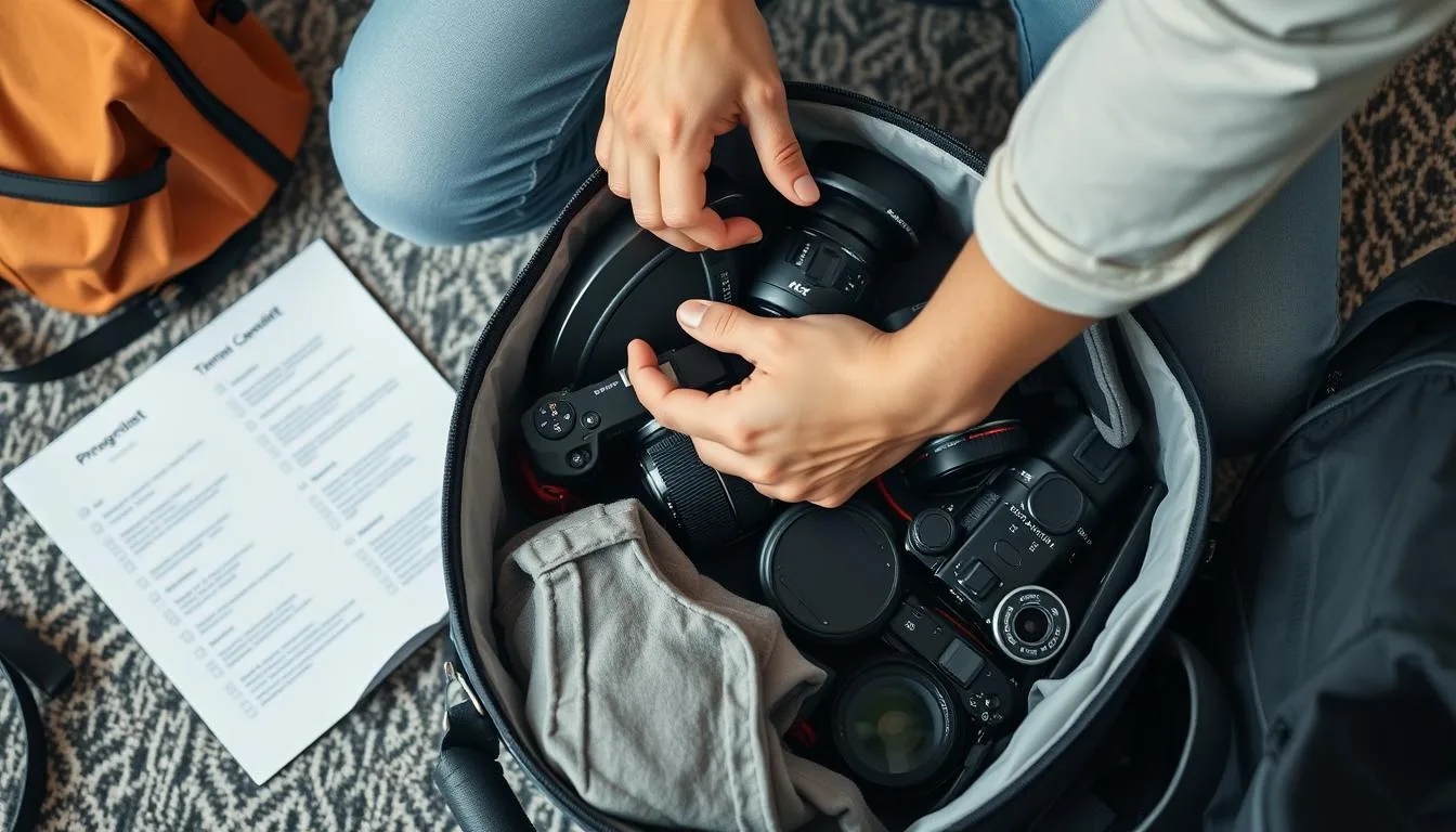 Person packing photography gear using a checklist, demonstrating how to shoot travel photos like a pro Person packing photography gear using a checklist, demonstrating how to shoot travel photos like a pro