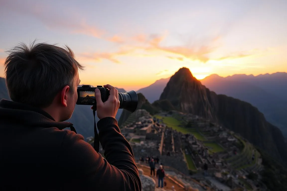 Photographer capturing sunrise at famous landmark, demonstrating how to shoot travel photos like a pro at iconic locations Photographer capturing sunrise at famous landmark, demonstrating how to shoot travel photos like a pro at iconic locations