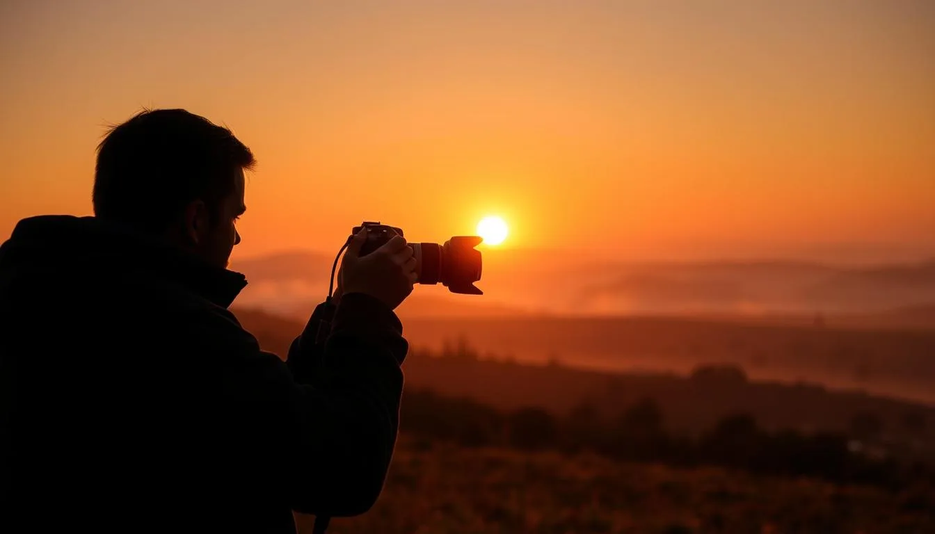 Photographer waking up early to capture golden hour light, showing how to shoot travel photos like a pro by using optimal lighting Photographer waking up early to capture golden hour light, showing how to shoot travel photos like a pro by using optimal lighting