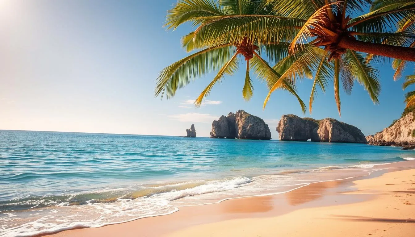 Playa del Amor's tranquil seaside, bathed in golden hour light. Lush palm trees sway gently, their shadows dancing across the pristine sand. Crystal-clear turquoise waters lap at the shore, reflecting the vibrant hues of the sky. In the distance, rugged cliffs stand as silent sentinels, their weathered faces a testament to the passage of time. A serene, secluded cove, perfect for those seeking total relaxation. Capture this idyllic scene for "The Traveler Online" article on quiet beach destinations.