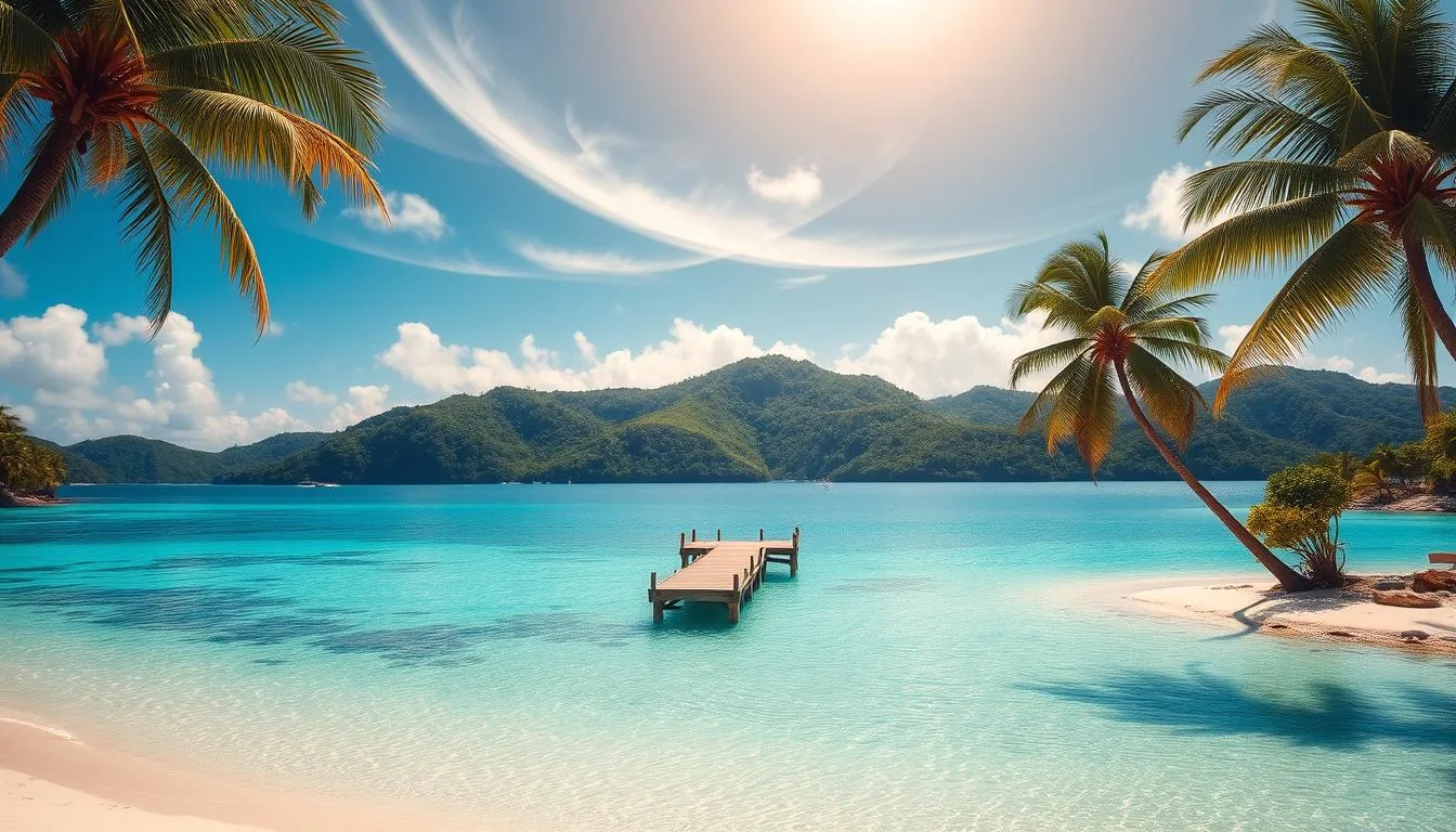 Secluded Caribbean islands with lush palm trees, white sandy beaches, and crystal-clear turquoise waters. In the foreground, a tranquil lagoon reflects the vibrant colors of the sky. The middle ground features a small, picturesque wooden dock stretching into the calm sea. In the background, rolling green hills dotted with vibrant tropical flora create a serene and peaceful atmosphere. Warm, golden sunlight filters through wispy clouds, casting a soft, natural glow across the entire scene. The overall composition evokes a sense of relaxation, harmony, and escape from the stresses of everyday life.